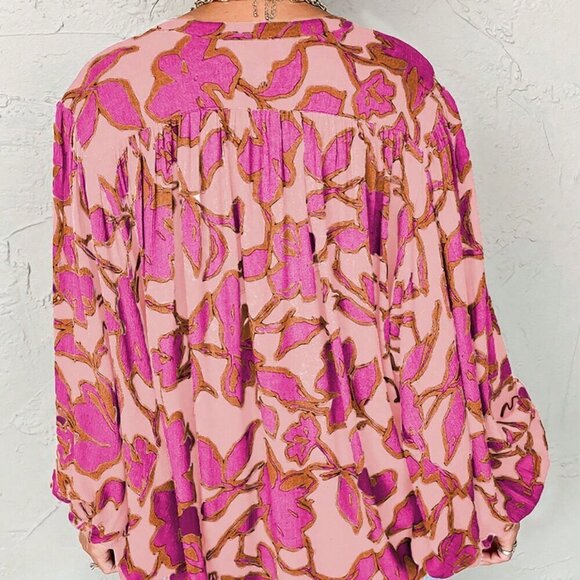 Multicolor Boho Women's Floral Print Batwing Sleeve Buttoned Loose Fit Shirt - Picture 2 of 8